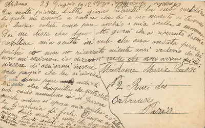 Jovem mulher com vestido verde e colar rosa — carta postal italiana com selo de 25 centésimos — n° 1067/3 — Verso