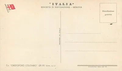 Cristoforo Colombo — Navicella della Società di Navigazione - Genova — editore Arti Grafiche Bozzo — Verso