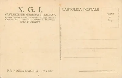 Duque d'Aosta — Navio a vapor — N.G.I. (Naviagação Geral Italiana) — Verso