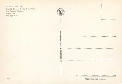Subiaco — Sacro Speco di S. Benedetto — Multigrafe Terni n°165 — Verso