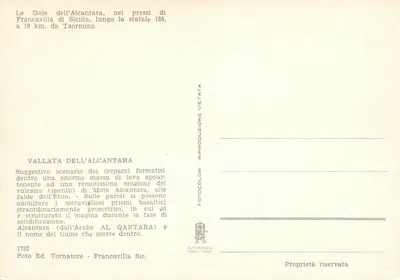 Gorges da Alcantara — Sicília, perto de Francavilla — editor Alterocca Terni, n° 1733 — Verso