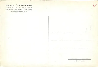 Autohotel La Meridiana — Agognate Novara — wydawca I.G.I. Cuneo — Rewers