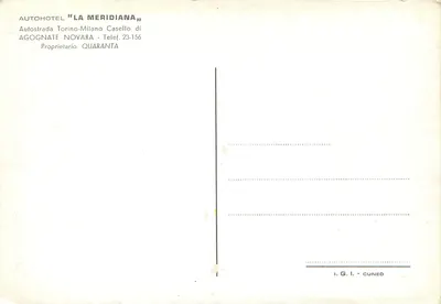Autohotel La Meridiana — Intérieur et détails — éditeur I.G.I. Cuneo — Verso