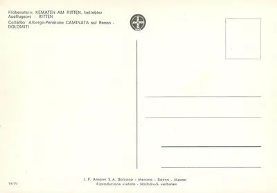 Klobenstein: Kematen am Ritten — Albergo-Pensione Caminata sul Renon — editore J.F. Amonn S.A. Bolzano — Verso