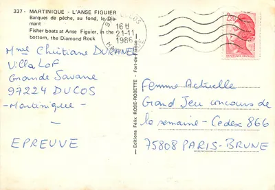 Martinique - L'Anse Figuier — Łódki rybackie, w tle, Diamant — Wydawnictwo Félix Rose-Rosette, nr 337 — Rewers