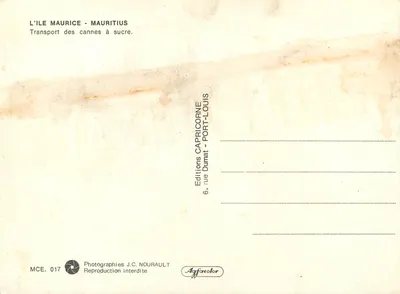 Transporte de canas-de-açúcar — Mauricie — Edições Capricorne, n° MCE. 017 — Verso