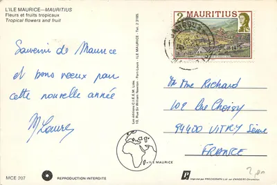 Kwiaty i tropikalne owoce — Wyspa Mauritius — wydawnictwo C.I.E.M. Life, nr MCE 207 — Rewers