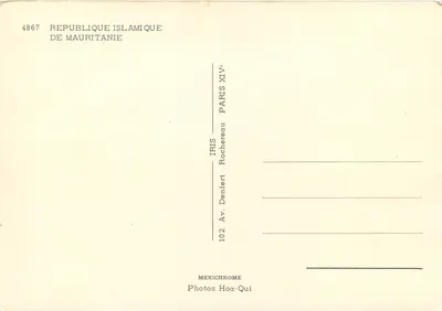 Panorama da Mauritânia — Mesquita de Nouakchott, Porto de Etienne, Canteiro Miferma, Méharistas, Nômades — IRIS XIV° — Verso