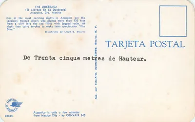Le Clavado w La Quebradzie — Acapulco, Gro. Meksyk — Wydawca: Foto-Arte, Meksyk — Rewers