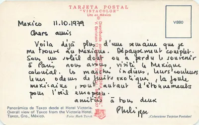 Taxco — Widok z Hotelu Victoria — Tarjeta Postal 'Vistacolor' n° V880 — Rewers