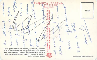 Taxco, Guerrero — widok panoramiczny z dominującą katedrą Santa Prisca — Tarjeta Postal 'Vistacolor' n° V1704 — Rewers