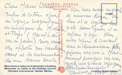 Monumento a Juárez — Guelatao, Oaxaca — Carta Postal Vistacolor — Verso
