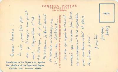 Plataforma dos Tigres e das Águias — Chichén Itzá, Yucatán — TARJETA POSTAL "VISTACOLOR" lito em México — Verso
