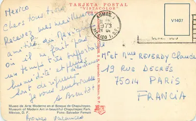 Muzeum Sztuki Nowoczesnej w Lasie Chapultepec — Meksyk — TARJETA POSTAL "VISTACOLOR" — Rewers