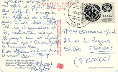 Templo das Inscrições — Palenque, Chiapas, México — TARJETA POSTAL VISTACOLOR — Verso
