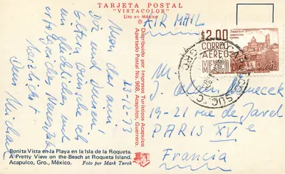 Widok plaży na wyspie Roqueta — Acapulco, Gro., Meksyk — TARJETA POSTAL "VISTACOLOR" — Rewers
