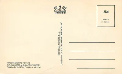 Kobieta w stroju regionalnym — Chiapa de Corso, Meksyk — Wydawca Editorial México, S.A. — Rewers
