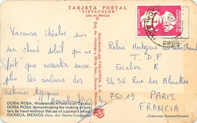 Doña Rosa — ceramista em Oaxaca — Tarjeta Postal "Vistacolor" — Verso
