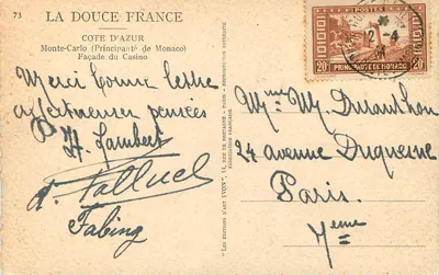 Front budynku Kasyna — Monte-Carlo (Księstwo Monako) — Wydawnictwo Art Yvon, n°73 — Rewers