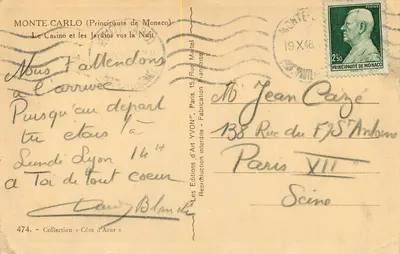 Monte-Carlo — O Casino e os Jardins vistos à Noite — Les Éditions d'Art YVON, n° 474 — Verso
