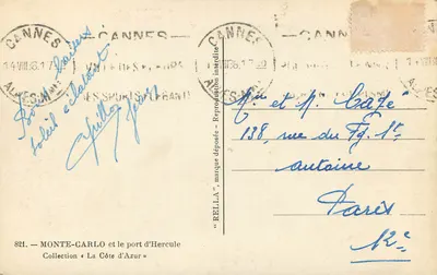 Monte-Carlo e o porto de Hercule — Coleção « A Costa do Azul » — editor Rella, n° 821 — Verso