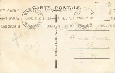 Monte-Carlo — O Casino e os Jardins — J. Gilletta e Cie, Edit.-Phot., n°720 — Verso
