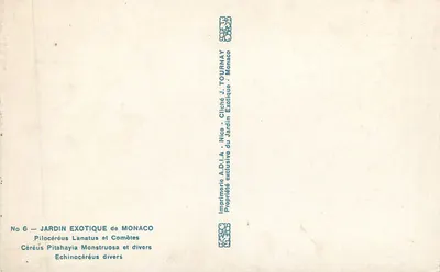 Jardim Exótico de Mônaco — Pilocérées Lanatus e Cometas — Imprimerie A.D.I.A. Nice — Verso