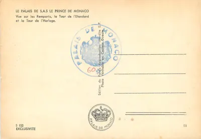 Pałac S.A.S. Princesa Monako — Widok na Remparty, Wieżę Flagową i Wieżę Zegarową — Wydawnictwo Pałacu Monako, seria S 152 — Rewers