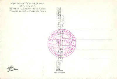 Bilhete postal moderno REFLETS DE LA COTE D'AZUR MONACO A substituição da Guarda Real diante do Palácio do Príncipe Militaria — Verso