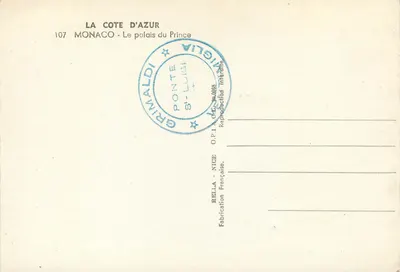 O palácio do Príncipe — Mônaco — editor Rella, n° 107 — Verso