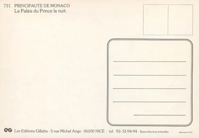 Monako - Pałac — widok nocny — Wydawnictwo Gilletta, nr 731 — Rewers