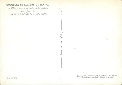 Visão geral sobre Monte-Carlo e Mônaco — Edições de Arte YVON, n° 3127 — Verso