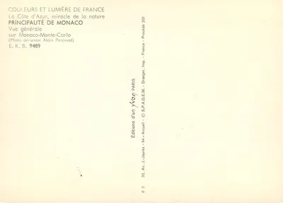 Visão geral de Monte-Carlo, Mônaco — Costa Azul, milagre da natureza — Edições de Arte Draeger, Paris — Verso