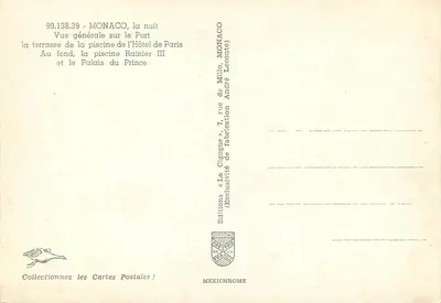 Monako, w nocy — Ogólny widok na port, taras Hôtel de Paris, basen Rainier III, Pałac Książęcy — Éditions Diplôme — Rewers