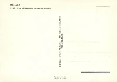 Mônaco — Vista geral do rochedo de Mônaco — Edições d'Art Altarî, Nice — Verso