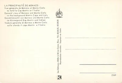 Monako i Monte Carlo — ogólny widok z Cap Martin i Włochy w tle — Wydawnictwo «MAR», n°2169 — Rewers