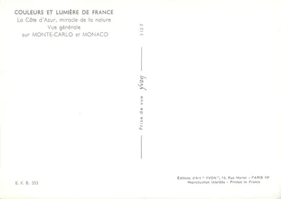 Visão geral de Monte-Carlo e Monaco — Edições de Arte YVON, n° 3127 — Verso