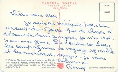 Palácio Nacional — México — TARJETA POSTAL "VISTACOLOR" n° V5012 — Verso