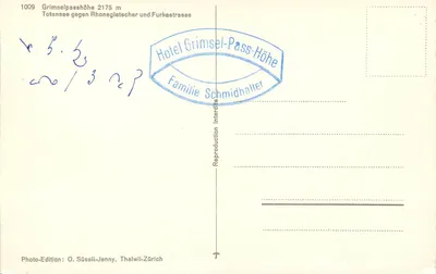 GrimseLPasshöhe — Totensee, Rhonegletscher und Furkastasse — Photo-Edition O. Süssli-Jenny, Thalwil-Zürich — Rewers