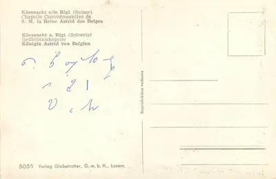 Küssnacht s/le Rigi (Suisse) — Chapelle Commémorative de S.M. la Reine Astrid des Belges — éditeur Verlag Globetrotter, G.m.b.H., Luzern, n° 5055 — Verso