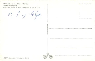 Astrid, reine des Belges — mort tragique au lac d'Astrid — Photoglob-Wehrli AG, Zurich — Verso