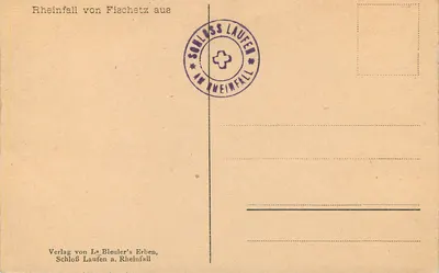 Rheinfall — widok z Fischetzz — wydawca Verlag von Ls Bleuler's Erben, Schloß Laufen a. Rheinfall — Rewers