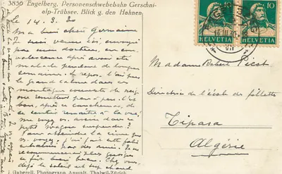 Bilhete postal antigo Engelberg Personenschwebebahn Gerschnialp Trubsee Blick den Hahnen — Verso