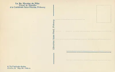 Witraż Nikodema z Ffüe — Katedra Świętego Nikodema, Fribourg — Librairies G. & Co., Z. Dép.-Nr. 17925 A — Rewers