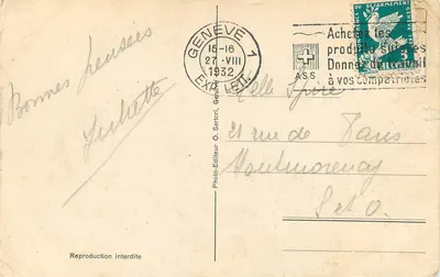 Geneva — Souvenir of Geneva — O. Sartori, No 0107 — Back