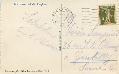 Interlaken e a Jungfrau — Photohaus O. Nikles, Número de Depósito 2 — Verso