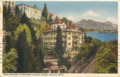 Hôtel Belvédère & Splendide Lucerne (Geiger) — vue panoramique sur le lac avec montagnes en arrière-plan — éditeur Geiger