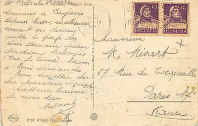 Lugano y Monte S. Salvatore — racimos de uva — Herederos de Alfredo Finzi, Lugano — Reverso