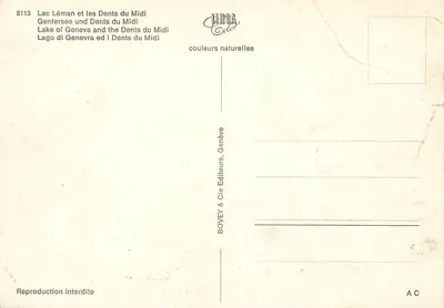 Jezioro Leman i Zęby Południa — widok panoramiczny — BOVEY & Cie Editeurs, Genewa, nr 8113 — Rewers