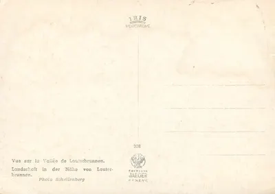 Szwajcaria promienna — Widok na Dolinę Lauterbrunnen — Éditions Jaeger, n°338 — Rewers